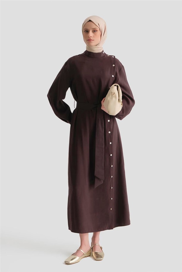 Sedefli Kupra Elbise Acı Kahve