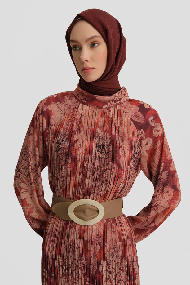 Desenli Elbise Bordo