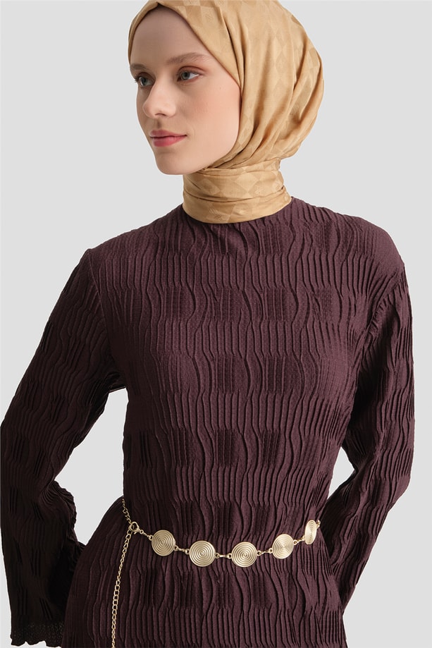 Jakarlı Örme Elbise Mürdüm