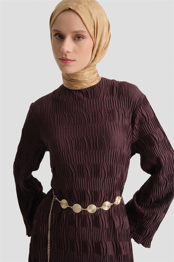 Jakarlı Örme Elbise Mürdüm