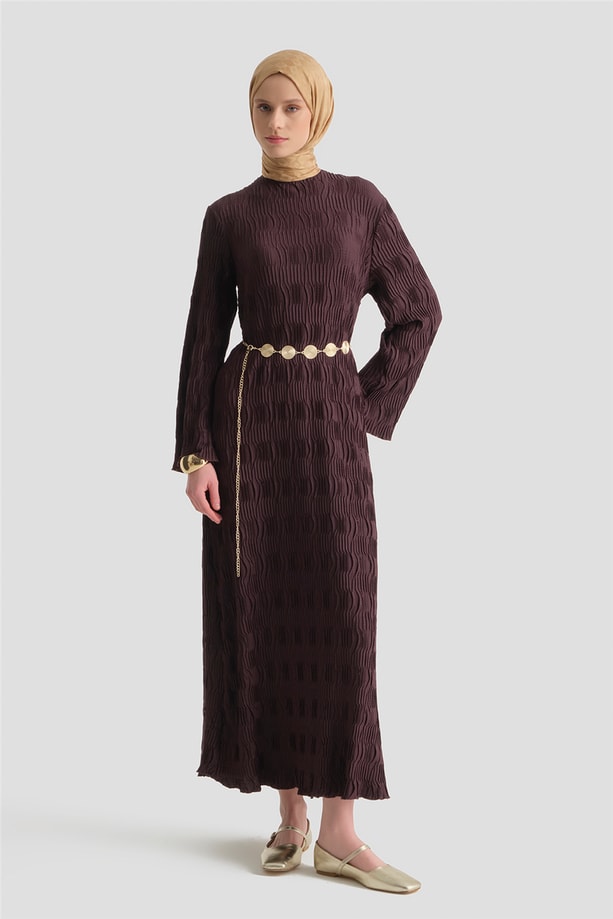 Jakarlı Örme Elbise Mürdüm