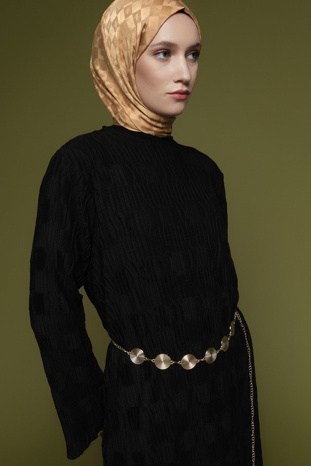 Jakarlı Örme Elbise Siyah