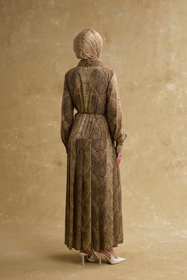 Şal Desenli Elbise Camel