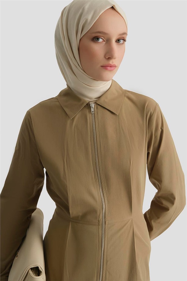 Fermuar Detaylı Fitted Elbise Haki