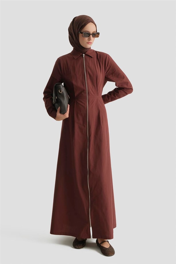 Fermuar Detaylı Fitted Elbise Kahve