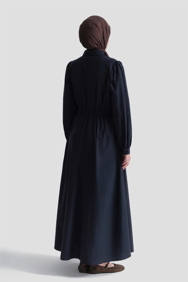 Beli Lastikli Poplin Elbise Lacivert