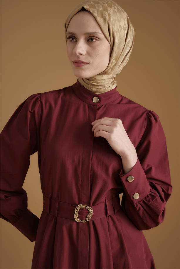 Gold Düğmeli Kemerli Poplin Elbise Bordo