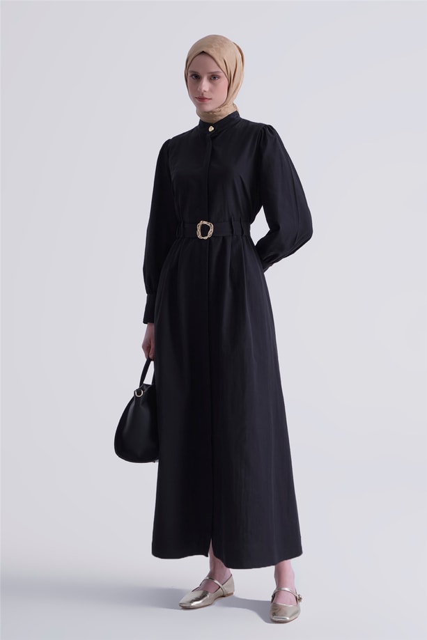 Gold Düğmeli Kemerli Poplin Elbise Siyah
