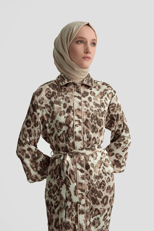 Leopar Desenli Elbise Camel
