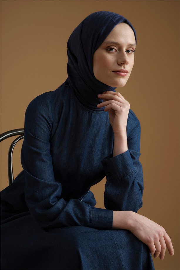 Kemer Detaylı Denim Elbise Lacivert