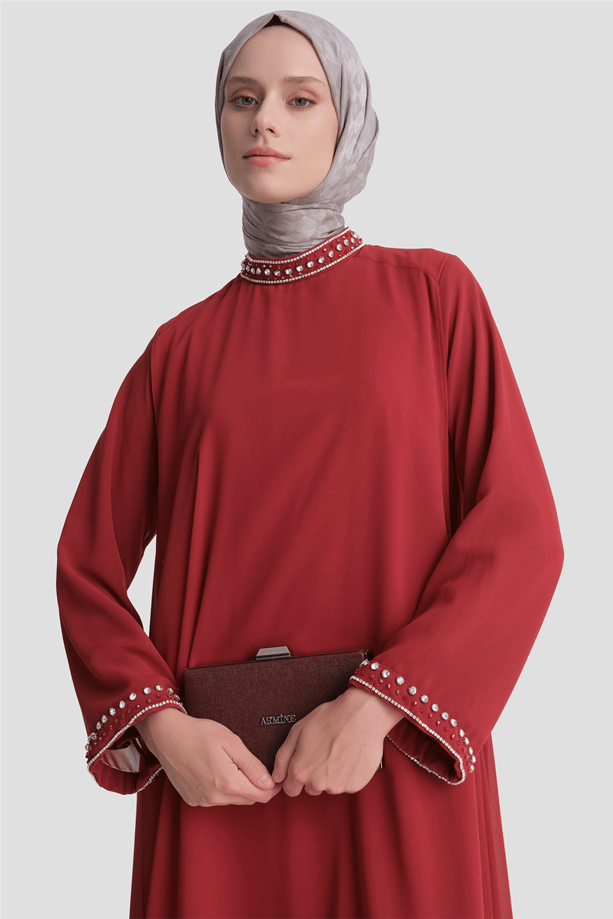 Taş Detaylı Şık Elbise Bordo