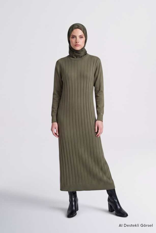 Regular Fit Triko Elbise Haki 