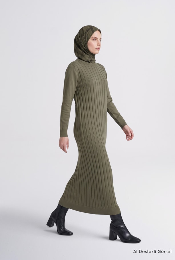 Regular Fit Triko Elbise Haki 