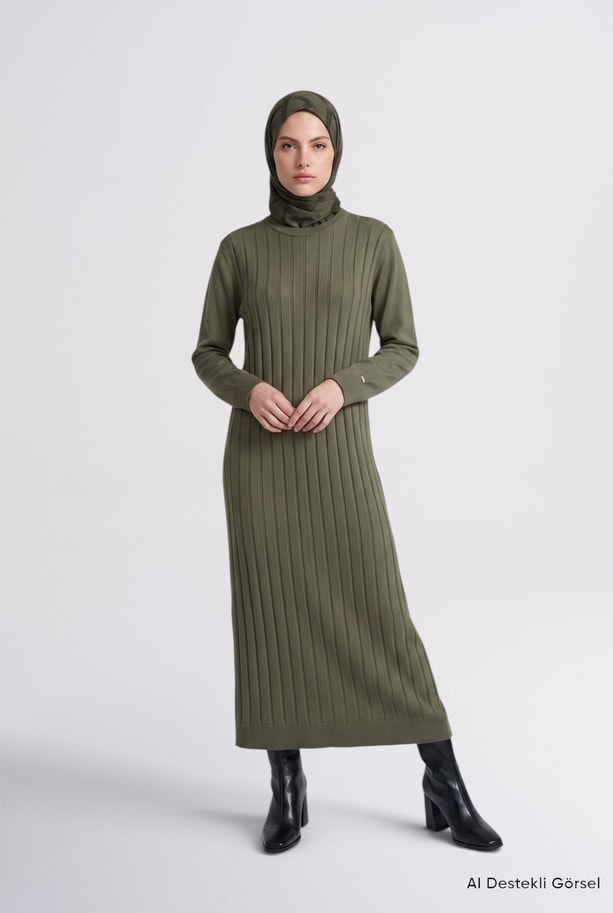 Regular Fit Triko Elbise Haki 