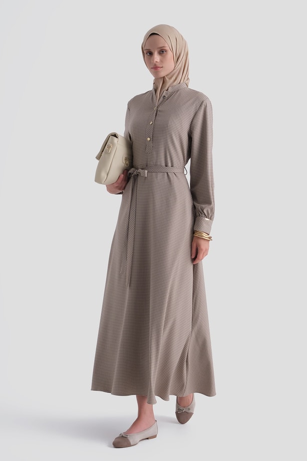 Ekose Desenli Elbise Camel