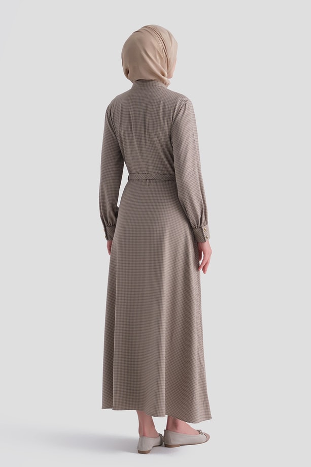 Ekose Desenli Elbise Camel