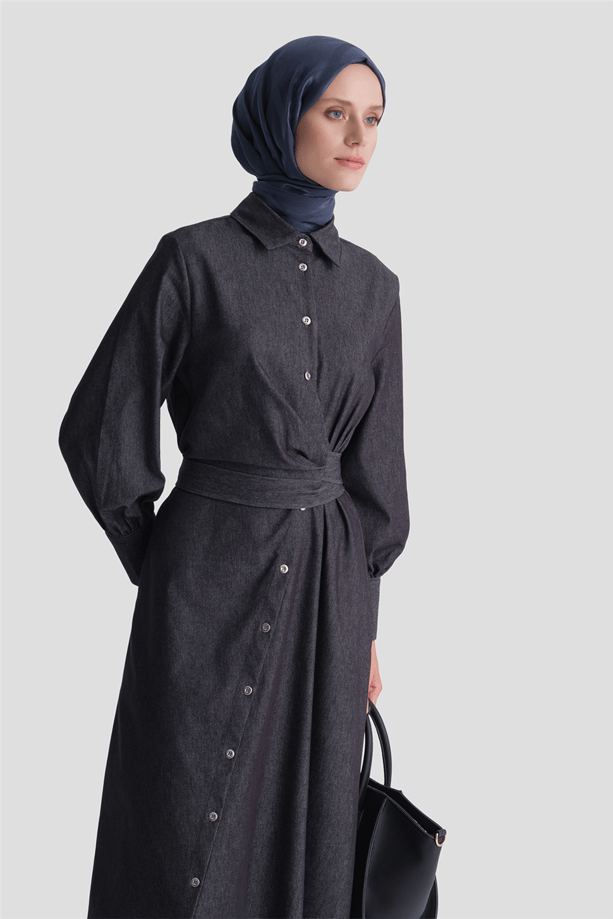 Bağlamalı Denim Elbise Lacivert