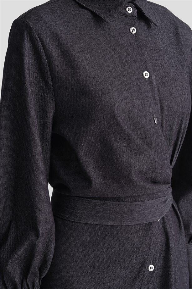 Bağlamalı Denim Elbise Lacivert