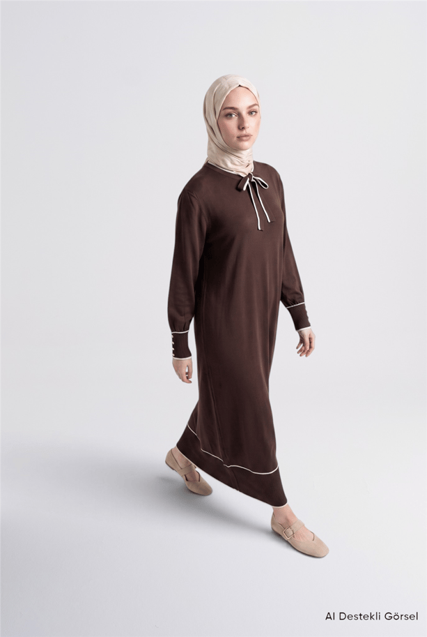 Fularlı Triko Elbise Acı Kahve