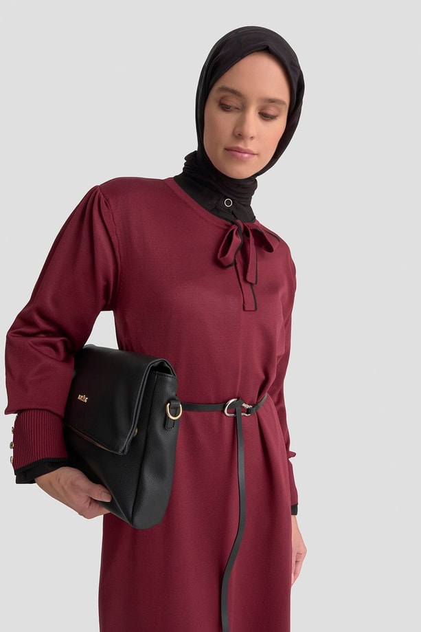Fularlı Triko Elbise Bordo