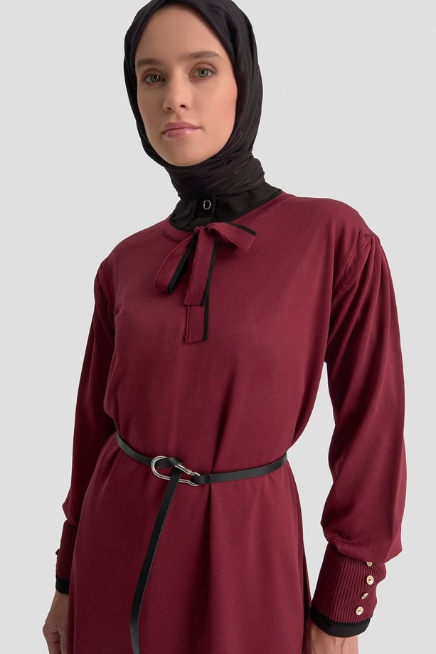 Fularlı Triko Elbise Bordo
