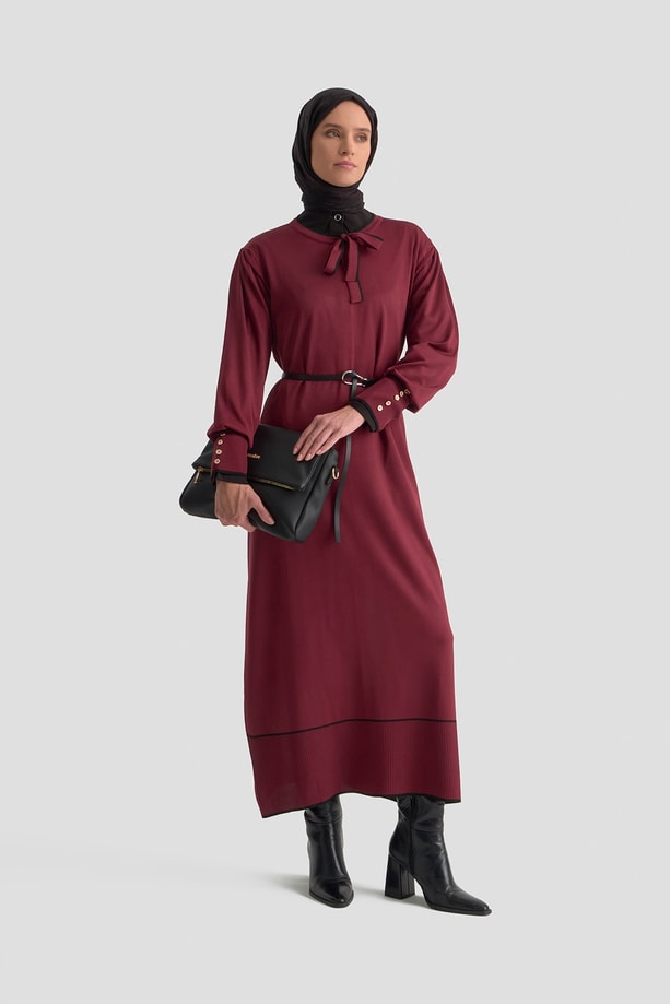 Fularlı Triko Elbise Bordo