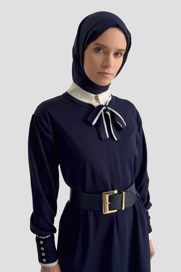 Fularlı Triko Elbise Lacivert