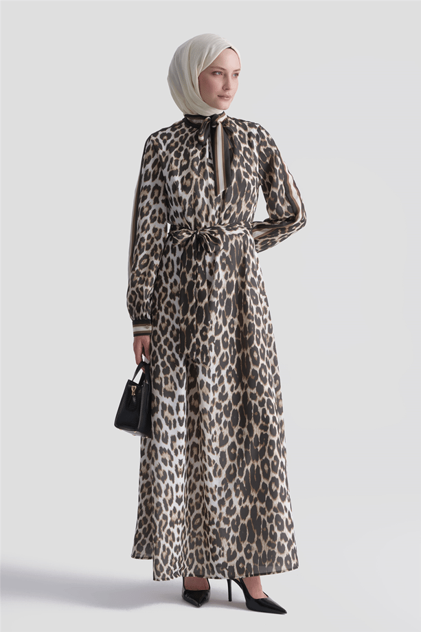 Leopar Desenli Elbise Kahverengi