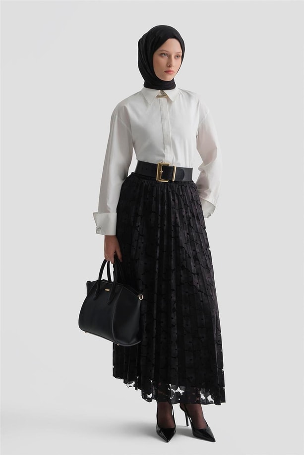 Dantelli Piliseli Etek Siyah