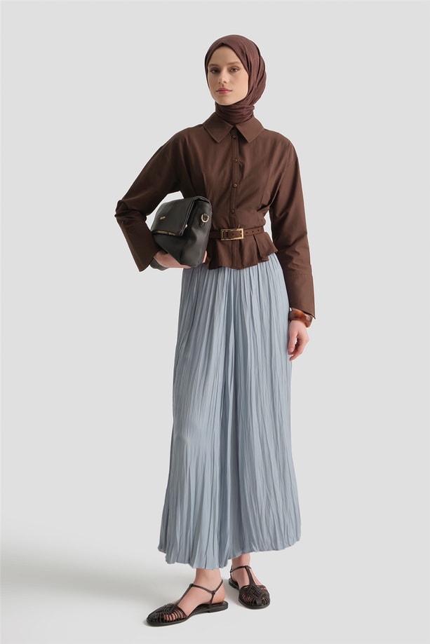 Armine Kırışık Efektli Saten Etek Mavi