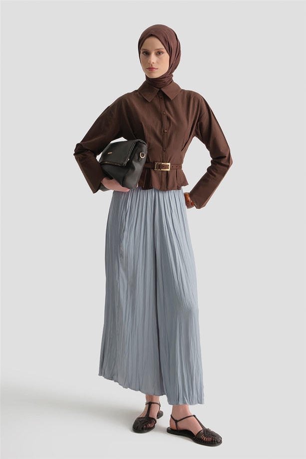 Armine Kırışık Efektli Saten Etek Mavi