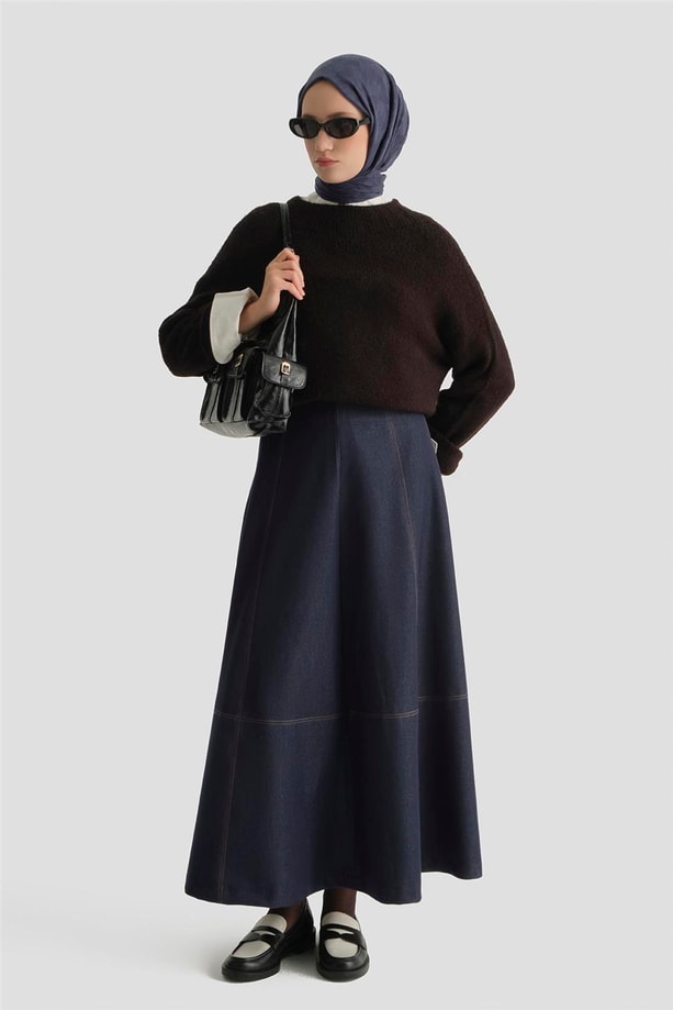 Dikiş Detaylı Denim Etek İndigo