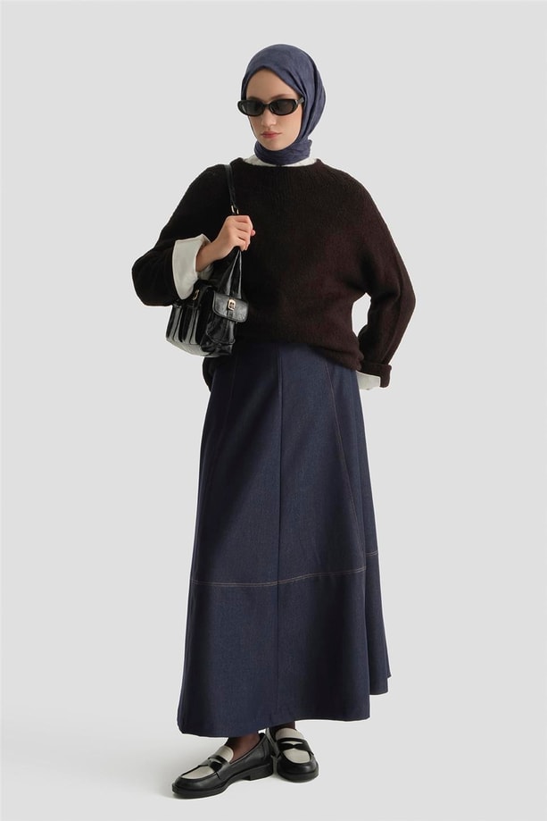Dikiş Detaylı Denim Etek İndigo