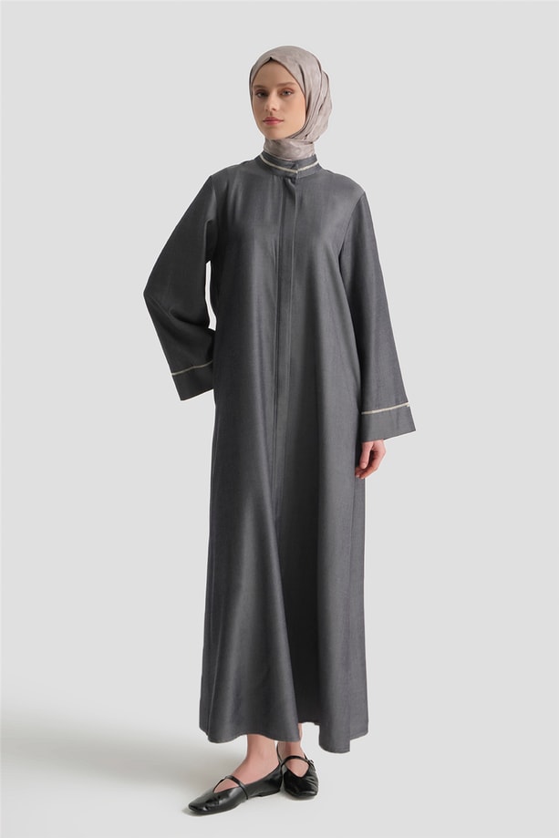 Parlak Yüzeyli Taşlı Ferace Gri Melanj