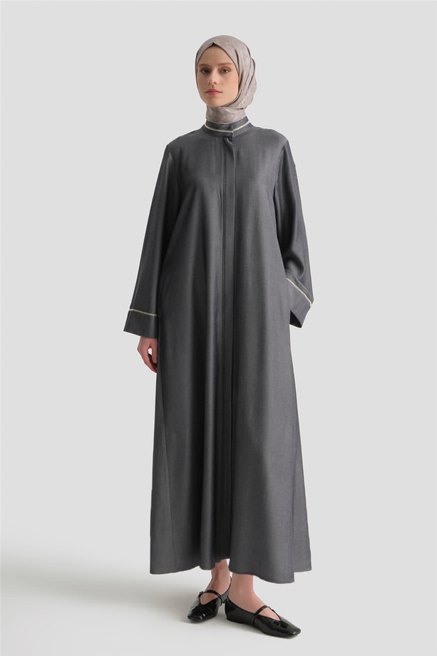 Parlak Yüzeyli Taşlı Ferace Gri Melanj