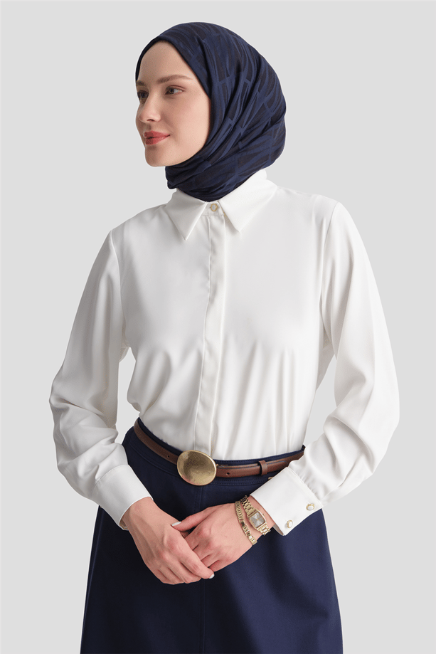 Gold Düğmeli Basic Gömlek Ekru