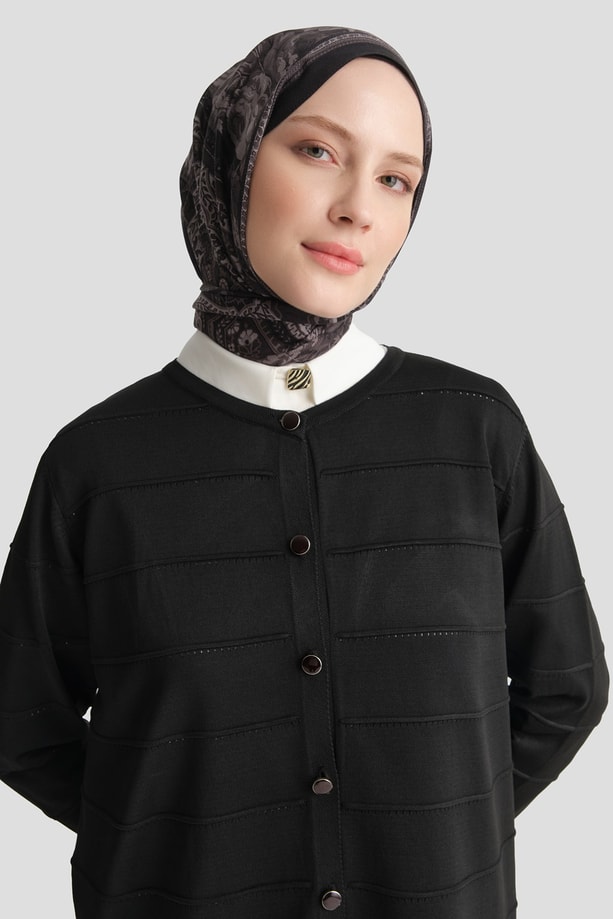 Şeritli Basic Triko Hırka Siyah