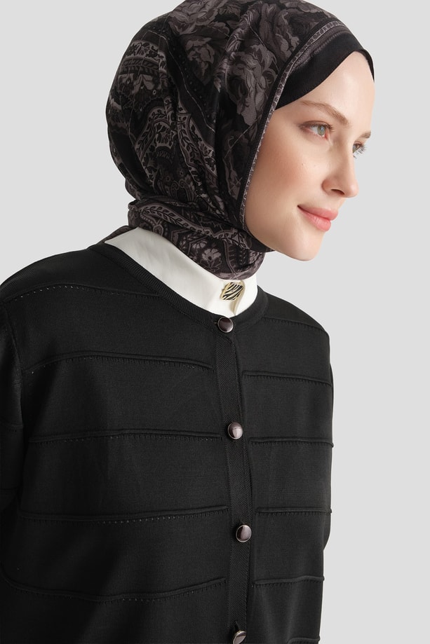 Şeritli Basic Triko Hırka Siyah