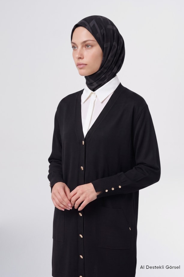 Düğme Detaylı Basic Hırka Siyah 