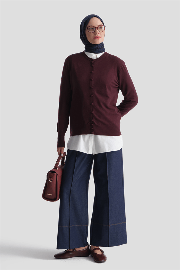 Düğme Detaylı Basic Hırka Bordo