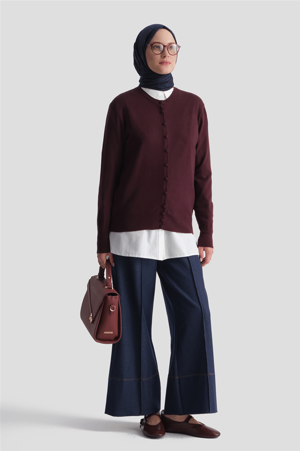 Düğme Detaylı Basic Hırka Bordo