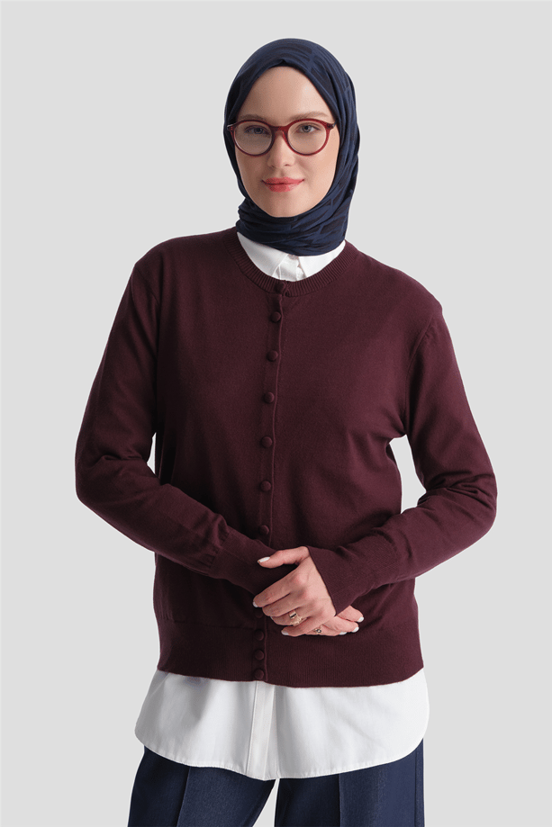Düğme Detaylı Basic Hırka Bordo