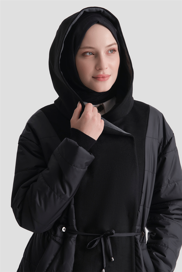 Kaşe Mixli Kapüşonlu Kapitone Kaban Siyah 