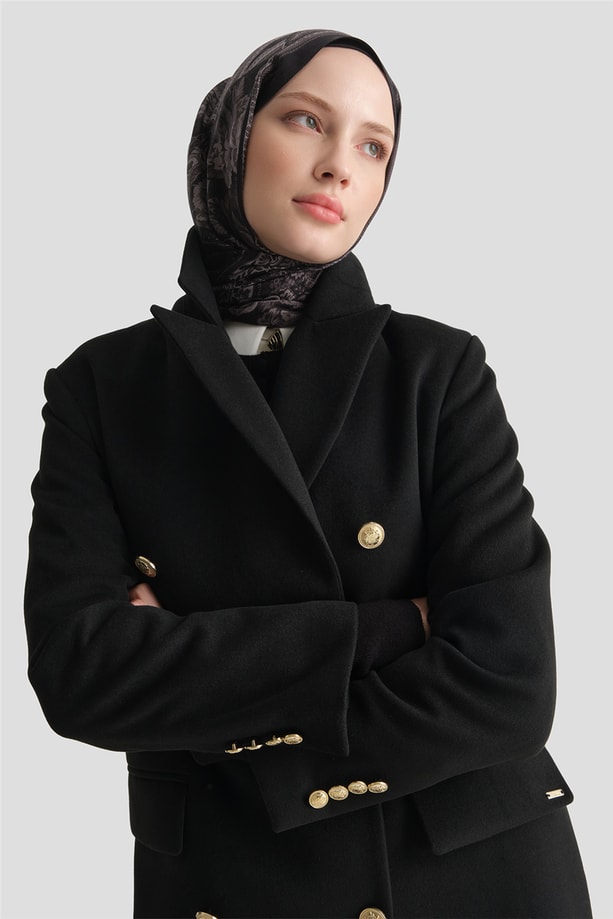 Yün Karışımlı Kaşe Kaban Siyah
