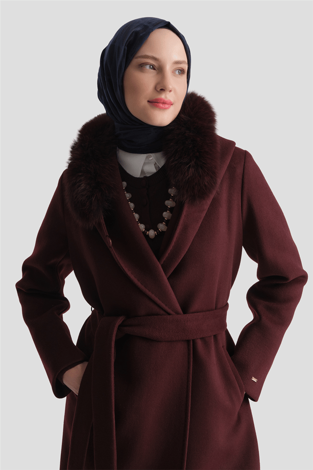 Tilki Kürklü Yün Kaşe Kaban Bordo
