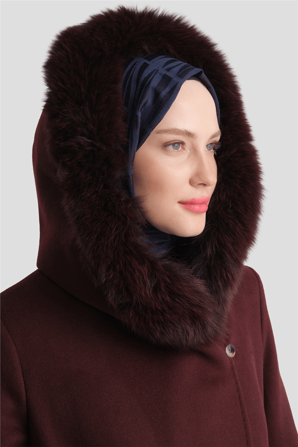 Tilki Kürklü Yün Kaşe Kaban Bordo