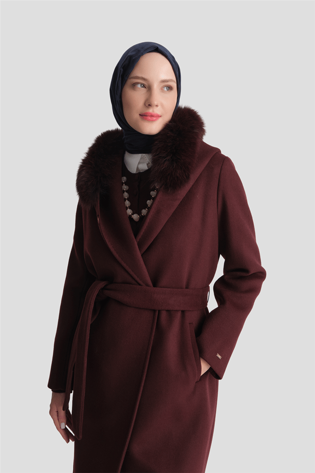 Tilki Kürklü Yün Kaşe Kaban Bordo