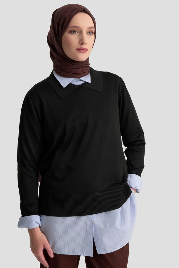 Polo Yaka Triko Kazak Siyah