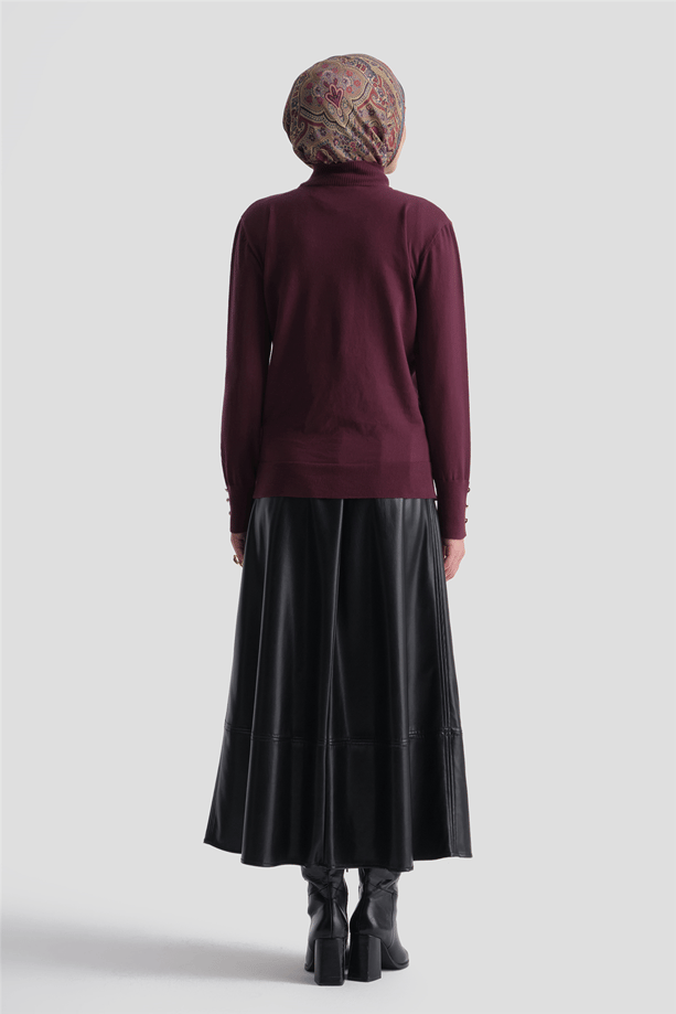 Düğme Detaylı Basic Kazak Bordo 
