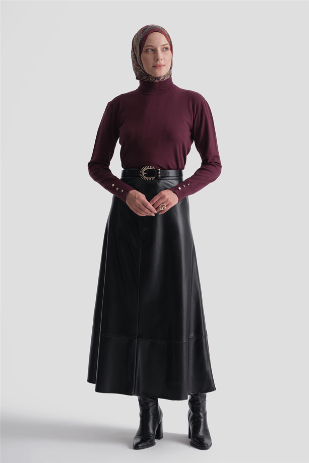 Düğme Detaylı Basic Kazak Bordo 